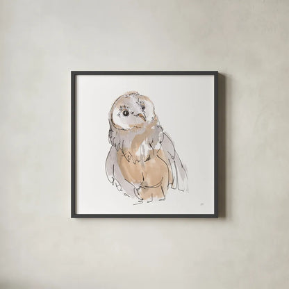 Barn Owl V by Chris Paschke. Shown in a sleek black glass frame for a contemporary gallery look. Available as an archival giclee rolled canvas, fine art paper, or poster print. SKU 66199a.