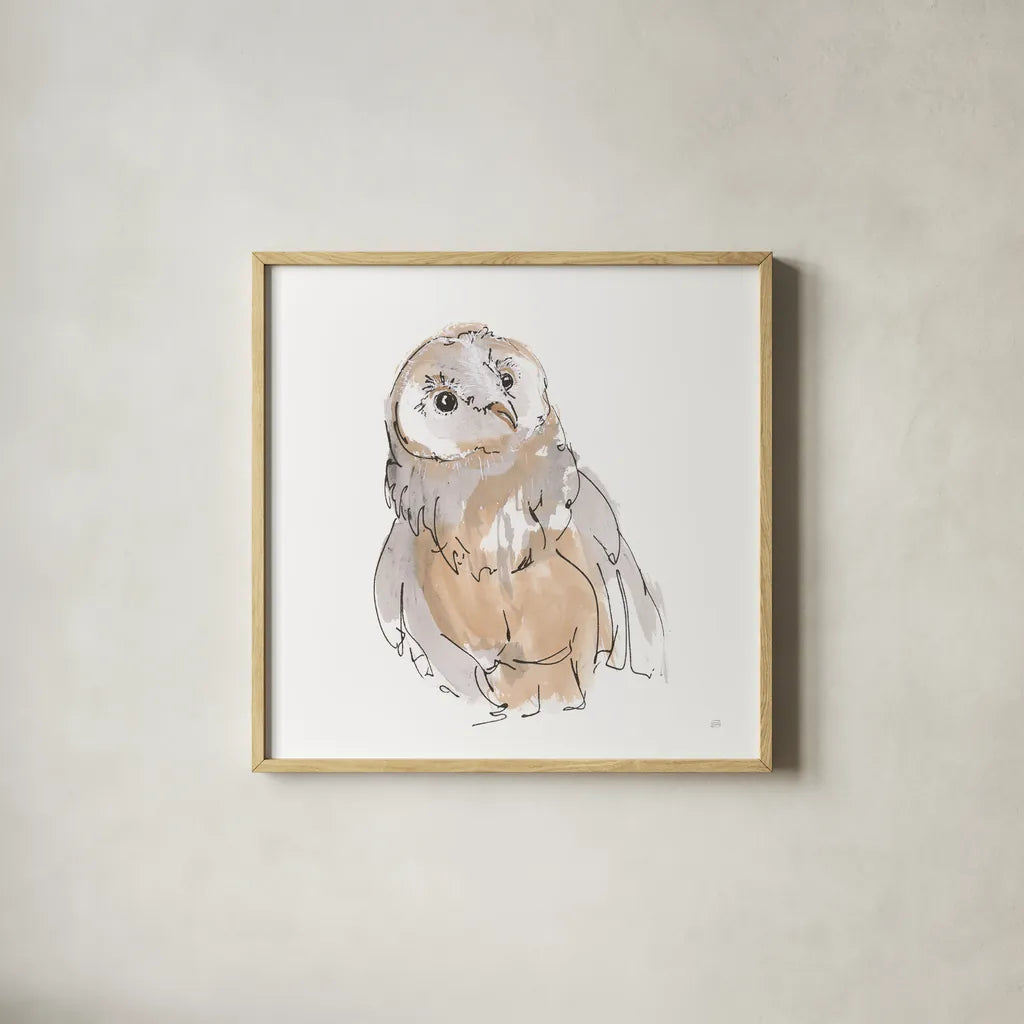 Barn Owl V by Chris Paschke. Shown in a natural wood glass frame for a timeless modern aesthetic. Available as an archival giclee rolled canvas, fine art paper, or poster print. SKU 66199a.