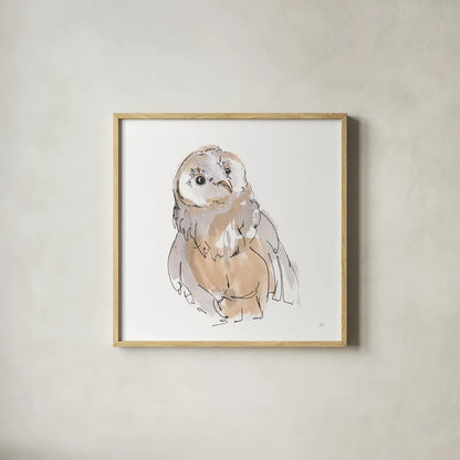 Barn Owl V by Chris Paschke. Shown in a natural wood glass frame for a timeless modern aesthetic. Available as an archival giclee rolled canvas, fine art paper, or poster print. SKU 66199a.