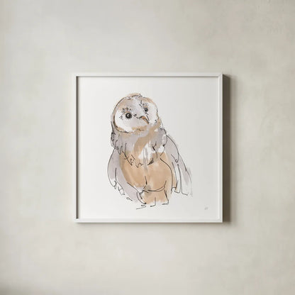 Barn Owl V by Chris Paschke. Shown in a crisp white glass frame for a clean and minimalist style. Available as an archival giclee rolled canvas, fine art paper, or poster print. SKU 66199a.