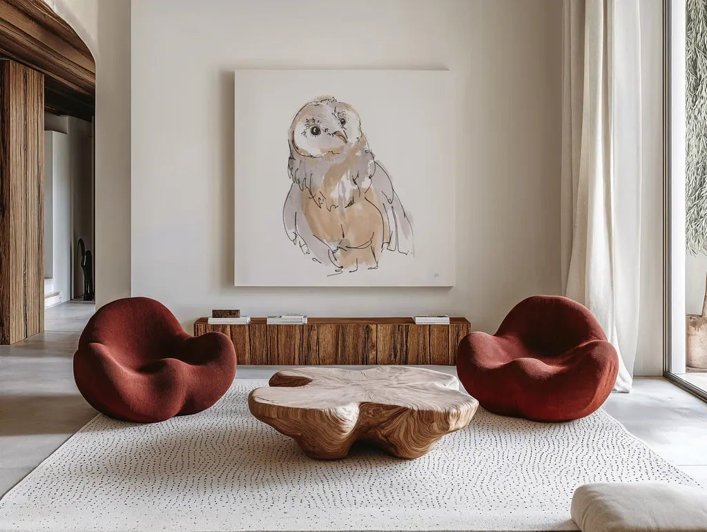 Barn Owl V by Chris Paschke. Shown as extra-large giant wall art in a modern living room. Available as an archival giclee rolled canvas, fine art paper, or poster print. SKU 66199a.