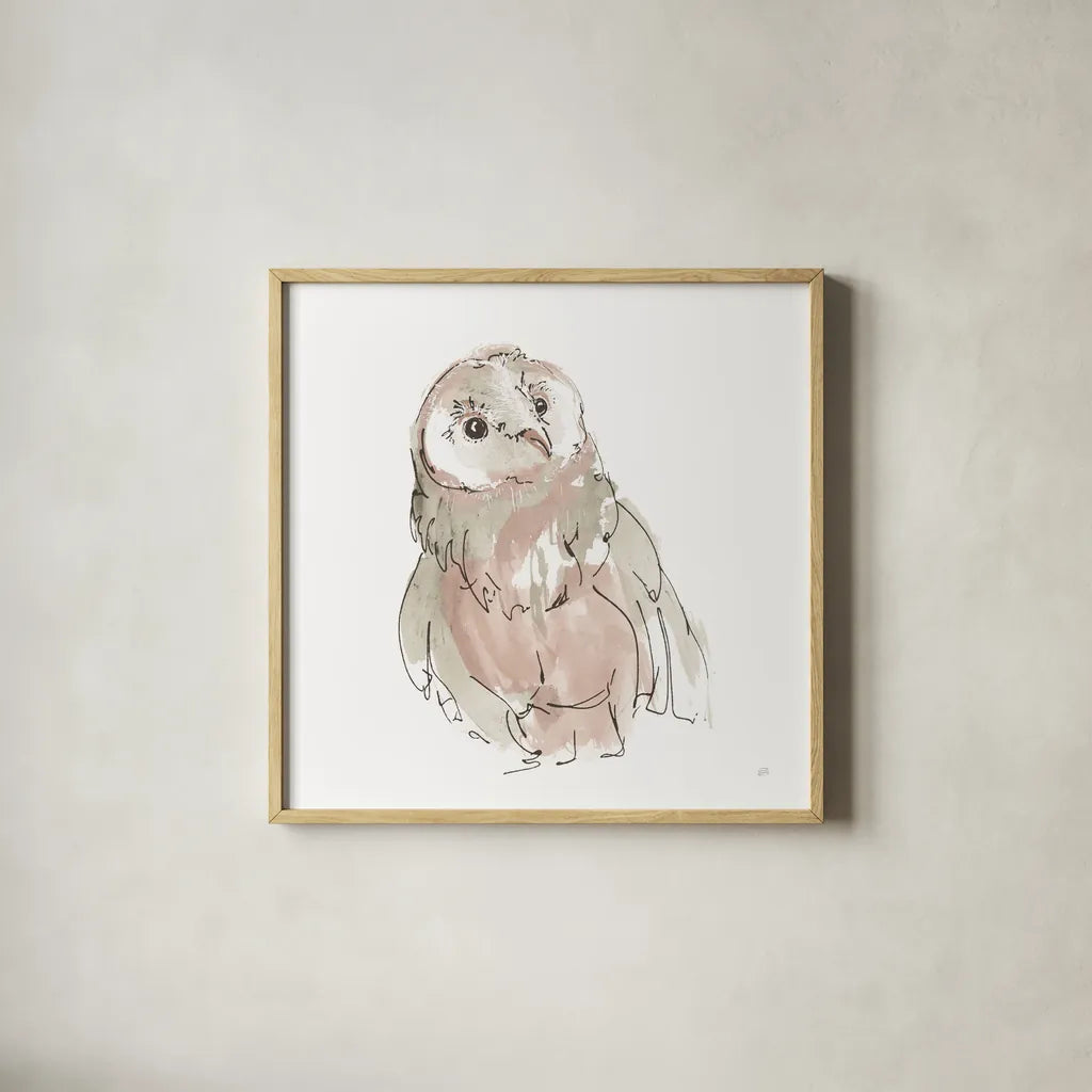 Barn Owl V Honeybloom by Chris Paschke. Shown in a natural wood glass frame for a timeless modern aesthetic. Available as an archival giclee rolled canvas, fine art paper, or poster print. SKU 90649a.