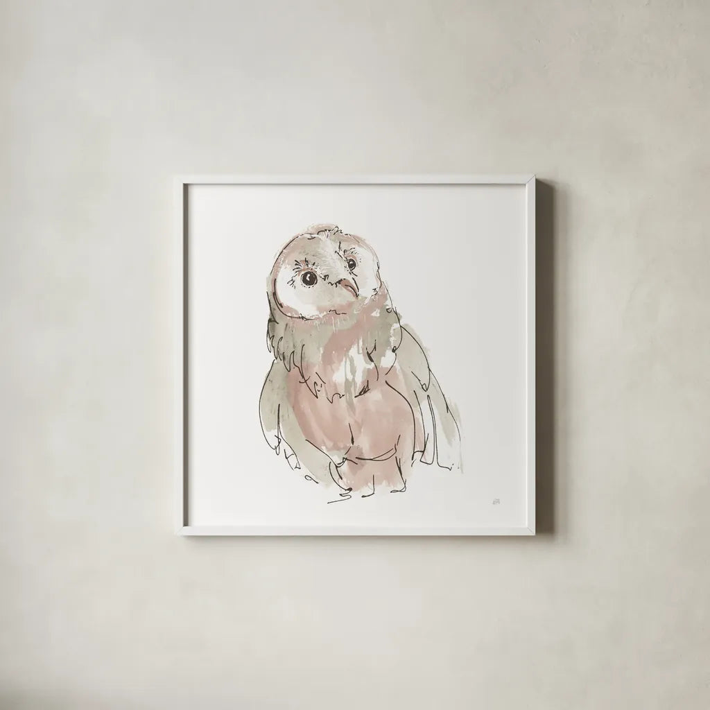 Barn Owl V Honeybloom by Chris Paschke. Shown in a crisp white glass frame for a clean and minimalist style. Available as an archival giclee rolled canvas, fine art paper, or poster print. SKU 90649a.