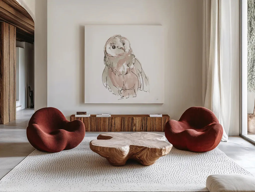 Barn Owl V Honeybloom by Chris Paschke. Shown as extra-large giant wall art in a modern living room. Available as an archival giclee rolled canvas, fine art paper, or poster print. SKU 90649a.
