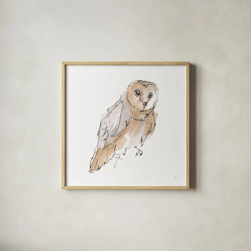 Barn Owl VI by Chris Paschke. Shown in a natural wood glass frame for a timeless modern aesthetic. Available as an archival giclee rolled canvas, fine art paper, or poster print. SKU 66200a.