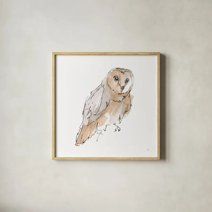 Barn Owl VI by Chris Paschke. Shown in a natural wood glass frame for a timeless modern aesthetic. Available as an archival giclee rolled canvas, fine art paper, or poster print. SKU 66200a.