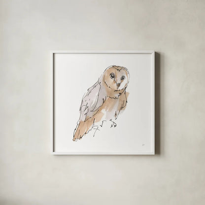 Barn Owl VI by Chris Paschke. Shown in a crisp white glass frame for a clean and minimalist style. Available as an archival giclee rolled canvas, fine art paper, or poster print. SKU 66200a.