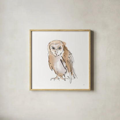 Barn Owl VII by Chris Paschke. Shown in a natural wood glass frame for a timeless modern aesthetic. Available as an archival giclee rolled canvas, fine art paper, or poster print. SKU 66201a.