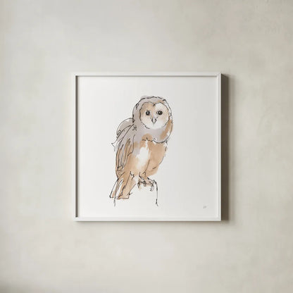 Barn Owl VIII by Chris Paschke. Shown in a crisp white glass frame for a clean and minimalist style. Available as an archival giclee rolled canvas, fine art paper, or poster print. SKU 66202a.
