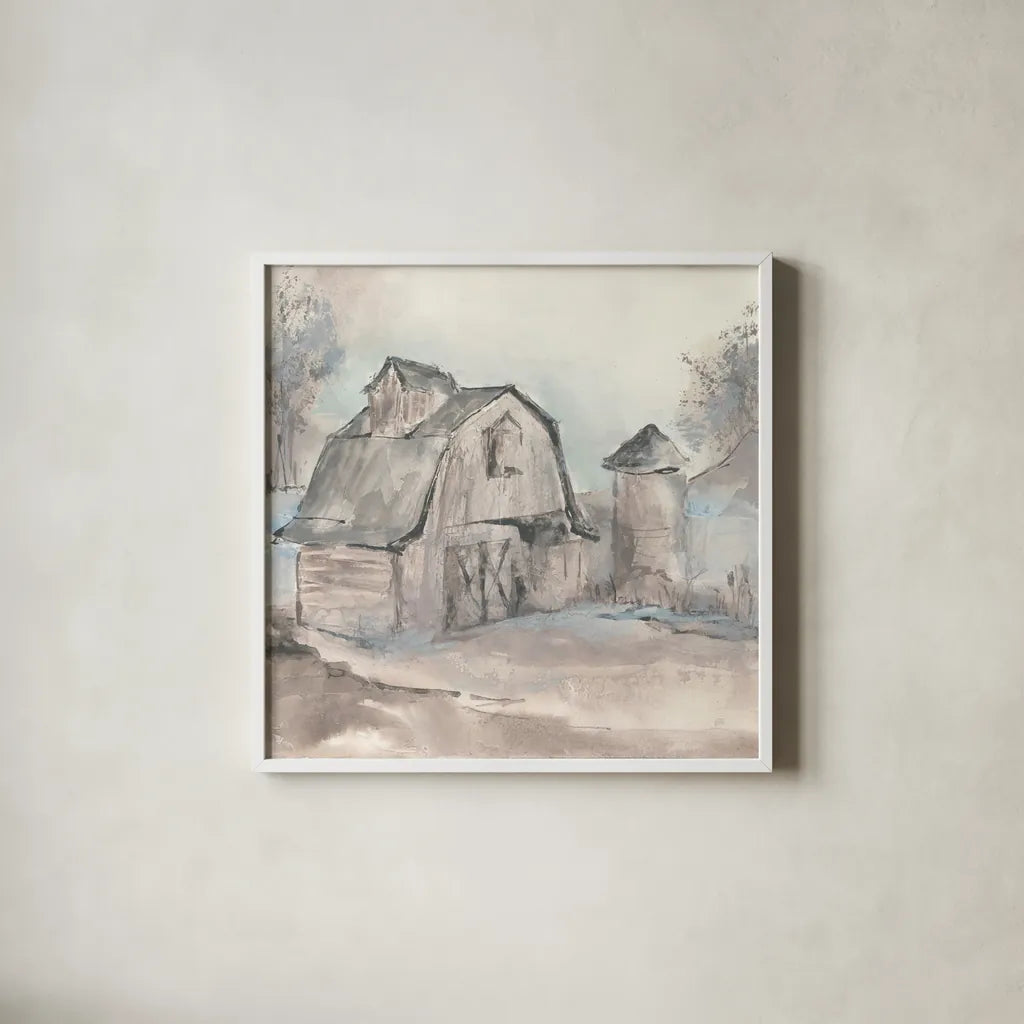 Barn V by Chris Paschke. Shown in a crisp white glass frame for a clean and minimalist style. Available as an archival giclee rolled canvas, fine art paper, or poster print. SKU 46694a.