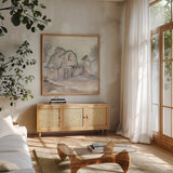 Barn V by Chris Paschke. Shown in a natural wood frame in a cozy modern living room. Available as an archival giclee rolled canvas, fine art paper, or poster print. SKU 46694a.