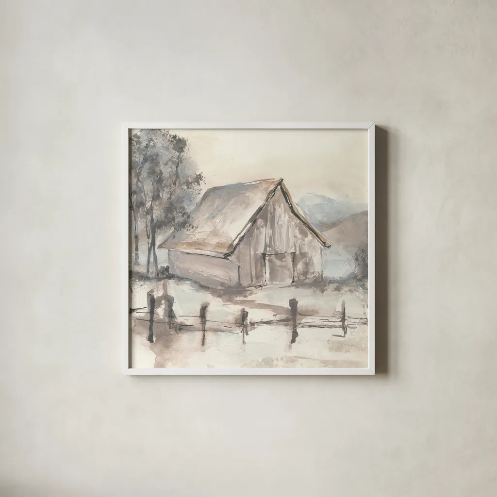 Barn VII by Chris Paschke. Shown in a crisp white glass frame for a clean and minimalist style. Available as an archival giclee rolled canvas, fine art paper, or poster print. SKU 46696a.