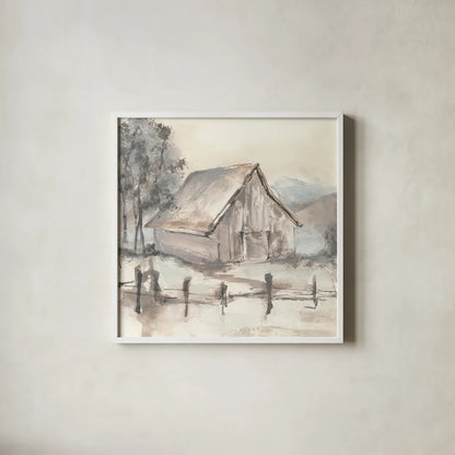 Barn VII by Chris Paschke. Shown in a crisp white glass frame for a clean and minimalist style. Available as an archival giclee rolled canvas, fine art paper, or poster print. SKU 46696a.