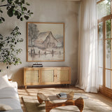 Barn VII by Chris Paschke. Shown in a natural wood frame in a cozy modern living room. Available as an archival giclee rolled canvas, fine art paper, or poster print. SKU 46696a.