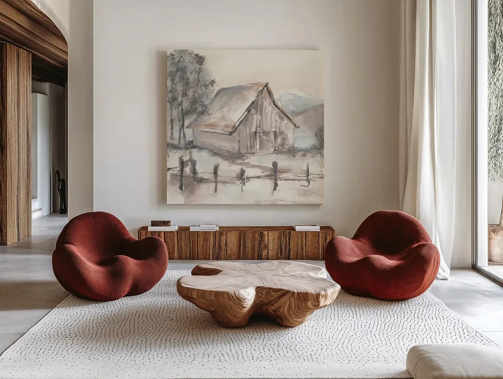 Barn VII by Chris Paschke. Shown as extra-large giant wall art in a modern living room. Available as an archival giclee rolled canvas, fine art paper, or poster print. SKU 46696a.