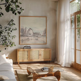 Barn VIII by Chris Paschke. Shown in a natural wood frame in a cozy modern living room. Available as an archival giclee rolled canvas, fine art paper, or poster print. SKU 46697a.