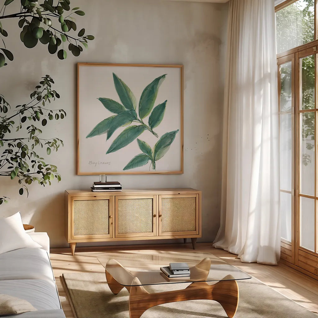 Bay Leaf by Chris Paschke. Shown in a natural wood frame in a cozy modern living room. Available as an archival giclee rolled canvas, fine art paper, or poster print. SKU 27520a.