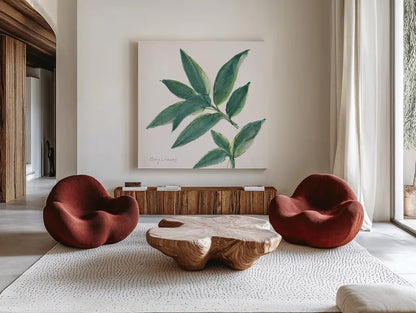 Bay Leaf by Chris Paschke. Shown as extra-large giant wall art in a modern living room. Available as an archival giclee rolled canvas, fine art paper, or poster print. SKU 27520a.