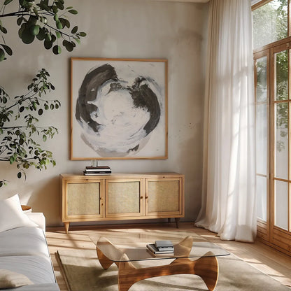 Beginning I by Chris Paschke. Shown in a natural wood frame in a cozy modern living room. Available as an archival giclee rolled canvas, fine art paper, or poster print. SKU 71876a.