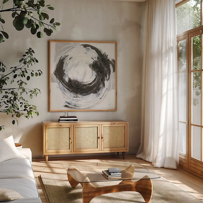 Beginning II by Chris Paschke. Shown in a natural wood frame in a cozy modern living room. Available as an archival giclee rolled canvas, fine art paper, or poster print. SKU 71877a.