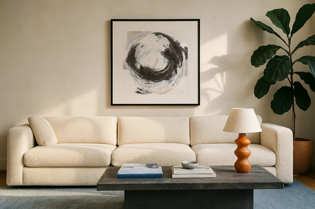 Beginning II by Chris Paschke. Displayed in a glass frame with matte in a clean modern living room. Available as an archival giclee rolled canvas, fine art paper, or poster print. SKU 71877a.