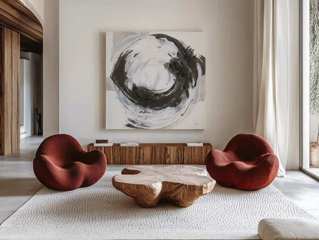 Beginning II by Chris Paschke. Shown as extra-large giant wall art in a modern living room. Available as an archival giclee rolled canvas, fine art paper, or poster print. SKU 71877a.