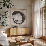 Beginning III by Chris Paschke. Shown in a natural wood frame in a cozy modern living room. Available as an archival giclee rolled canvas, fine art paper, or poster print. SKU 71878a.