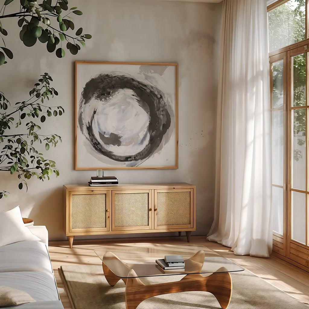 Beginning III by Chris Paschke. Shown in a natural wood frame in a cozy modern living room. Available as an archival giclee rolled canvas, fine art paper, or poster print. SKU 71878a.