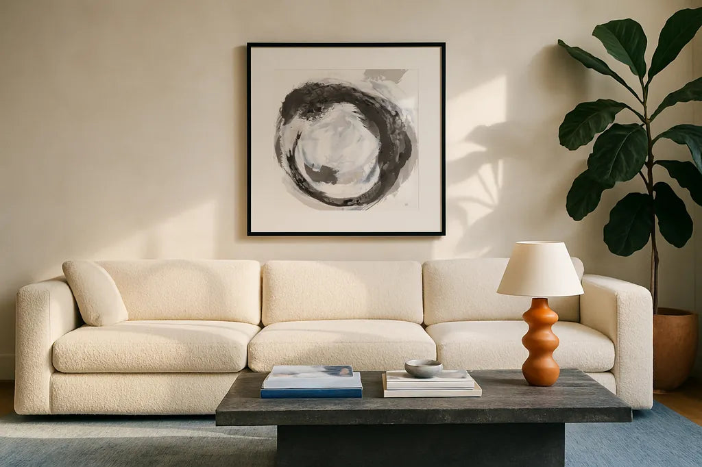 Beginning III by Chris Paschke. Displayed in a glass frame with matte in a clean modern living room. Available as an archival giclee rolled canvas, fine art paper, or poster print. SKU 71878a.