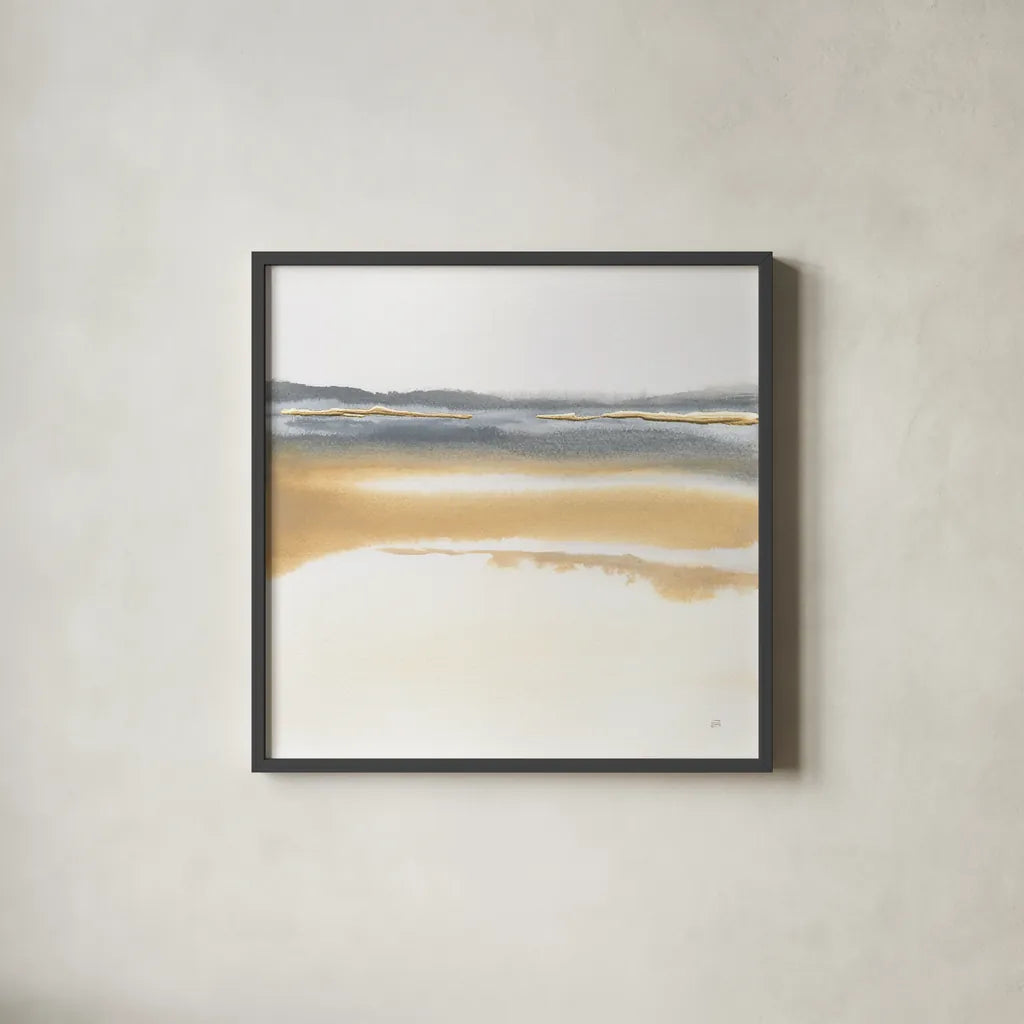 Beige and Gold I by Chris Paschke. Shown in a sleek black glass frame for a contemporary gallery look. Available as an archival giclee rolled canvas, fine art paper, or poster print. SKU 68159a.