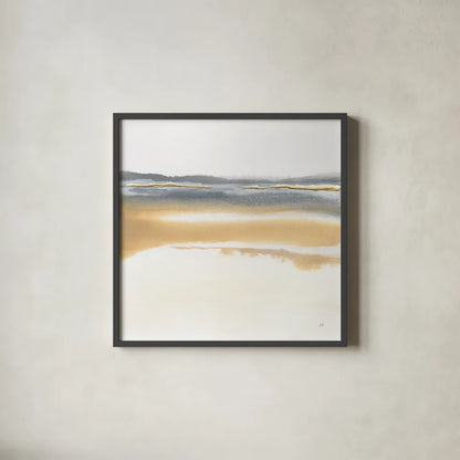 Beige and Gold I by Chris Paschke. Shown in a sleek black glass frame for a contemporary gallery look. Available as an archival giclee rolled canvas, fine art paper, or poster print. SKU 68159a.