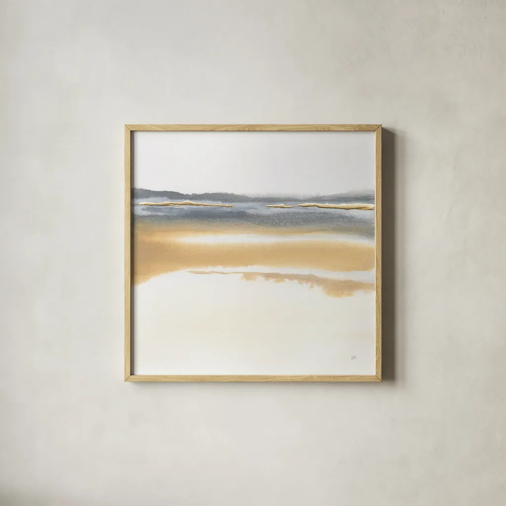 Beige and Gold I by Chris Paschke. Shown in a natural wood glass frame for a timeless modern aesthetic. Available as an archival giclee rolled canvas, fine art paper, or poster print. SKU 68159a.