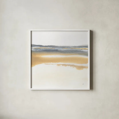 Beige and Gold I by Chris Paschke. Shown in a crisp white glass frame for a clean and minimalist style. Available as an archival giclee rolled canvas, fine art paper, or poster print. SKU 68159a.