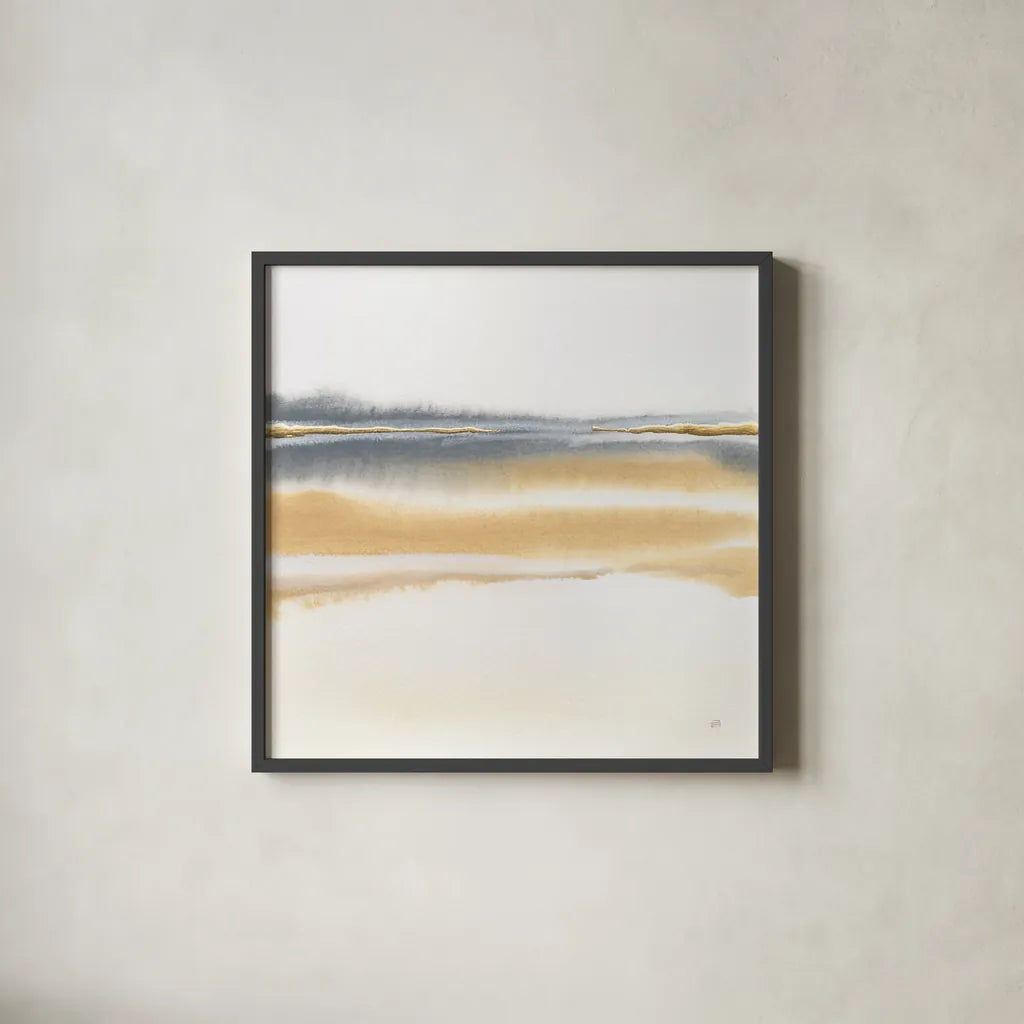 Beige and Gold II by Chris Paschke. Shown in a sleek black glass frame for a contemporary gallery look. Available as an archival giclee rolled canvas, fine art paper, or poster print. SKU 68160a.