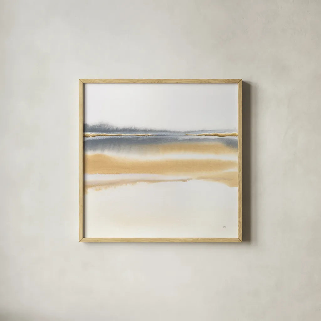 Beige and Gold II by Chris Paschke. Shown in a natural wood glass frame for a timeless modern aesthetic. Available as an archival giclee rolled canvas, fine art paper, or poster print. SKU 68160a.