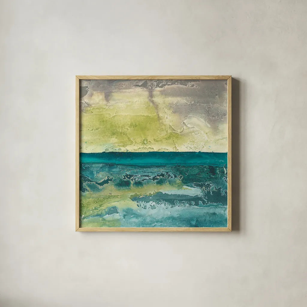 Beyond the Horizon I by Chris Paschke. Shown in a natural wood glass frame for a timeless modern aesthetic. Available as an archival giclee rolled canvas, fine art paper, or poster print. SKU 16211a.