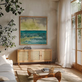 Beyond the Horizon I by Chris Paschke. Shown in a natural wood frame in a cozy modern living room. Available as an archival giclee rolled canvas, fine art paper, or poster print. SKU 16211a.
