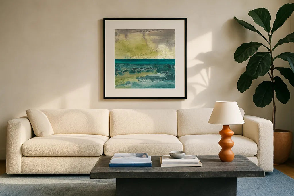 Beyond the Horizon I by Chris Paschke. Displayed in a glass frame with matte in a clean modern living room. Available as an archival giclee rolled canvas, fine art paper, or poster print. SKU 16211a.