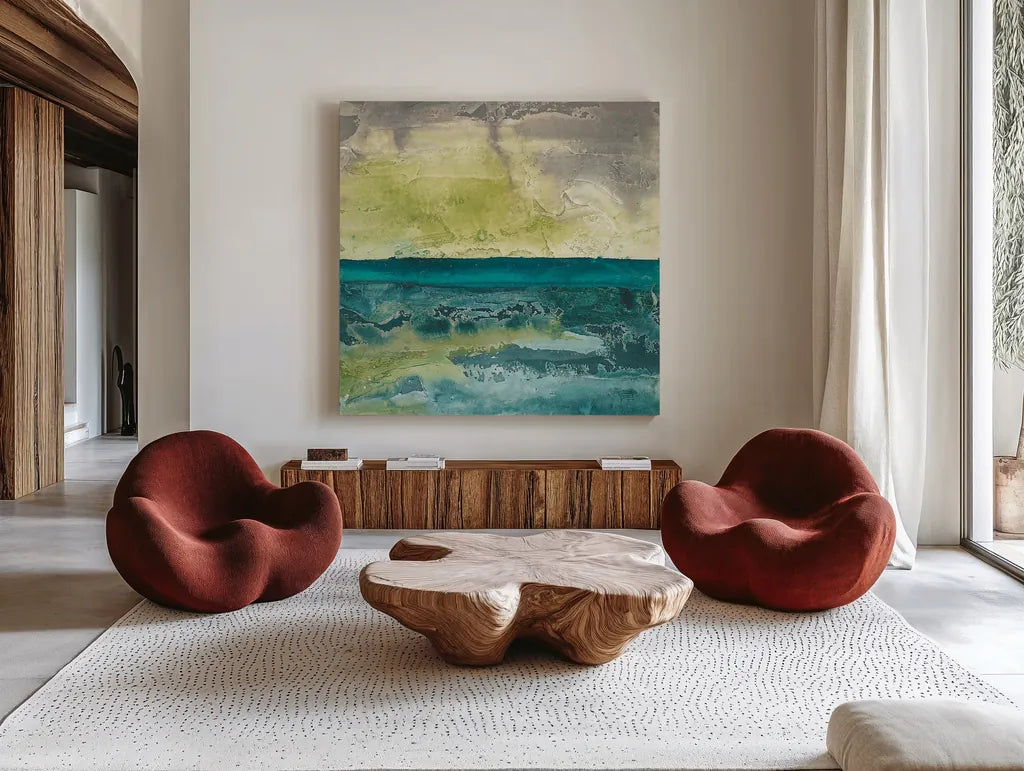 Beyond the Horizon I by Chris Paschke. Shown as extra-large giant wall art in a modern living room. Available as an archival giclee rolled canvas, fine art paper, or poster print. SKU 16211a.