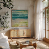 Beyond the Horizon II by Chris Paschke. Shown in a natural wood frame in a cozy modern living room. Available as an archival giclee rolled canvas, fine art paper, or poster print. SKU 16212a.