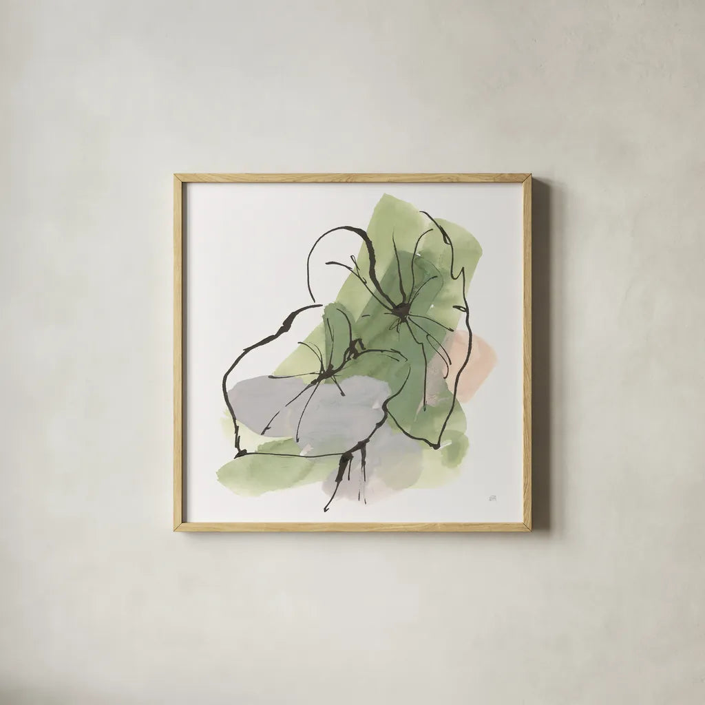 Big Leaf I by Chris Paschke. Shown in a natural wood glass frame for a timeless modern aesthetic. Available as an archival giclee rolled canvas, fine art paper, or poster print. SKU 94409a.