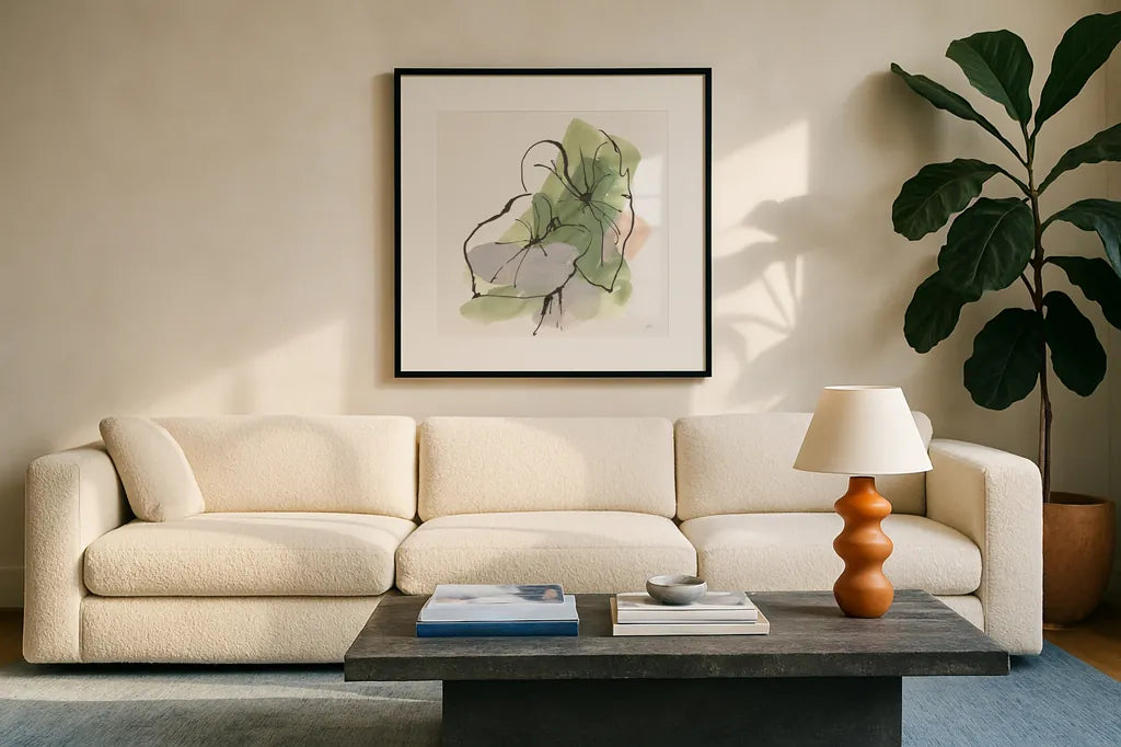Big Leaf I by Chris Paschke. Displayed in a glass frame with matte in a clean modern living room. Available as an archival giclee rolled canvas, fine art paper, or poster print. SKU 94409a.