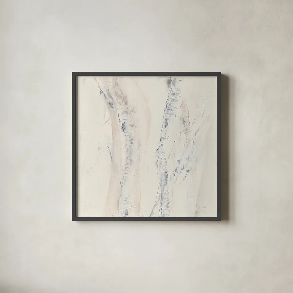 Birch Dreams I by Chris Paschke. Shown in a sleek black glass frame for a contemporary gallery look. Available as an archival giclee rolled canvas, fine art paper, or poster print. SKU 90876a.