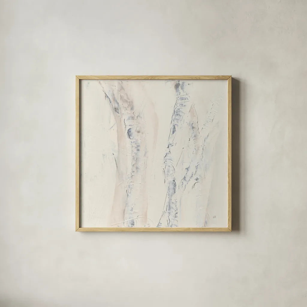 Birch Dreams I by Chris Paschke. Shown in a natural wood glass frame for a timeless modern aesthetic. Available as an archival giclee rolled canvas, fine art paper, or poster print. SKU 90876a.