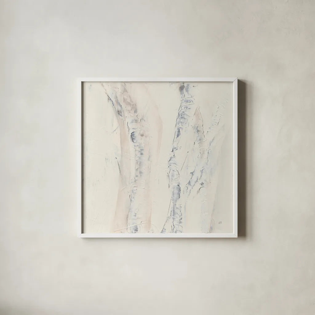 Birch Dreams I by Chris Paschke. Shown in a crisp white glass frame for a clean and minimalist style. Available as an archival giclee rolled canvas, fine art paper, or poster print. SKU 90876a.