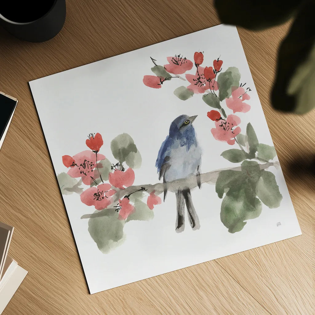 Bird and Blossoms I by Chris Paschke. Shown as a detailed flat fine art print, highlighting archival giclee quality. Available as an archival giclee rolled canvas, fine art paper, or poster print. SKU 99403a.