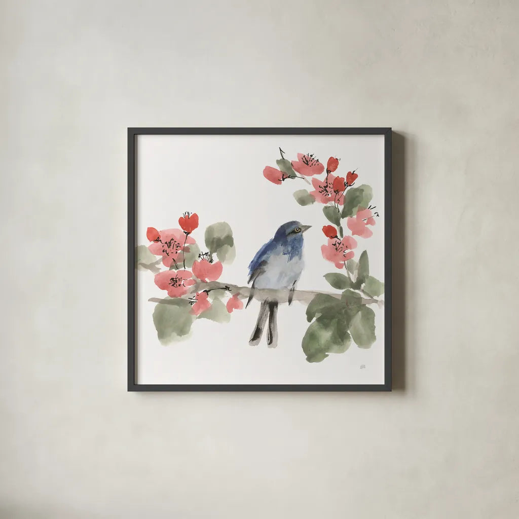 Bird and Blossoms I by Chris Paschke. Shown in a sleek black glass frame for a contemporary gallery look. Available as an archival giclee rolled canvas, fine art paper, or poster print. SKU 99403a.