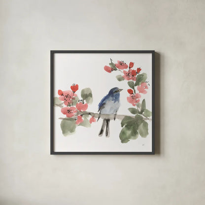 Bird and Blossoms I by Chris Paschke. Shown in a sleek black glass frame for a contemporary gallery look. Available as an archival giclee rolled canvas, fine art paper, or poster print. SKU 99403a.