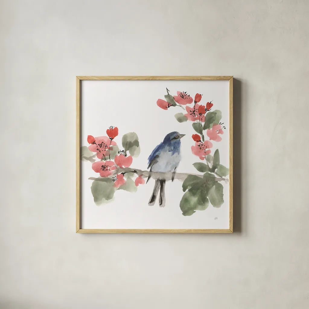 Bird and Blossoms I by Chris Paschke. Shown in a natural wood glass frame for a timeless modern aesthetic. Available as an archival giclee rolled canvas, fine art paper, or poster print. SKU 99403a.