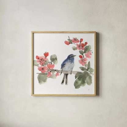 Bird and Blossoms I by Chris Paschke. Shown in a natural wood glass frame for a timeless modern aesthetic. Available as an archival giclee rolled canvas, fine art paper, or poster print. SKU 99403a.